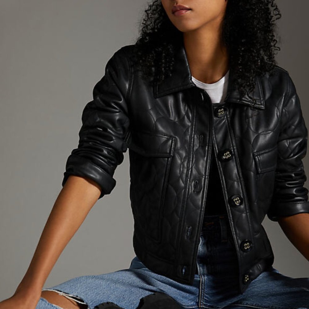 Maeve by Anthropologie Quilted Faux Leather Jacket Black, Size 14